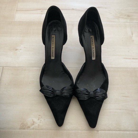 black suede heels with bow